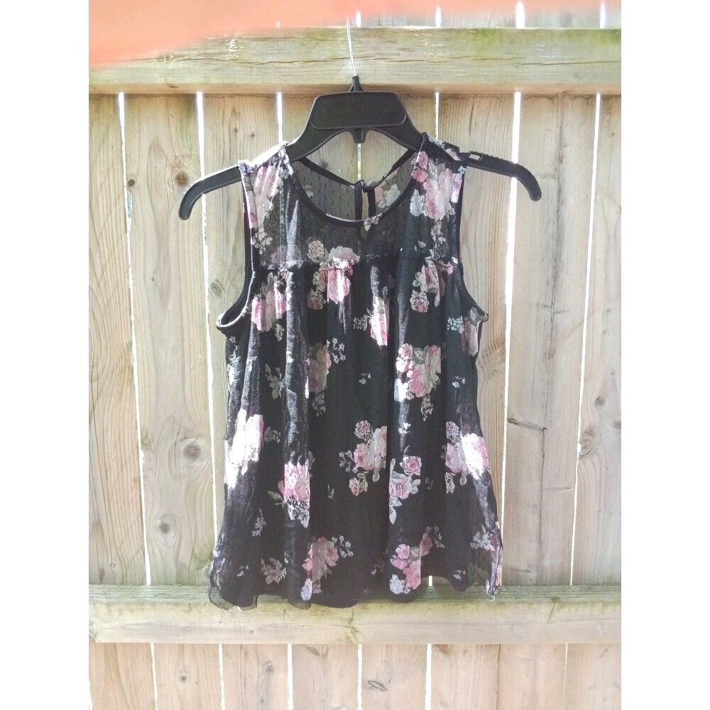 336 Juniors Medium 7/9 Tank Top Black & Pink Floral Sheer w/Solid Underlay